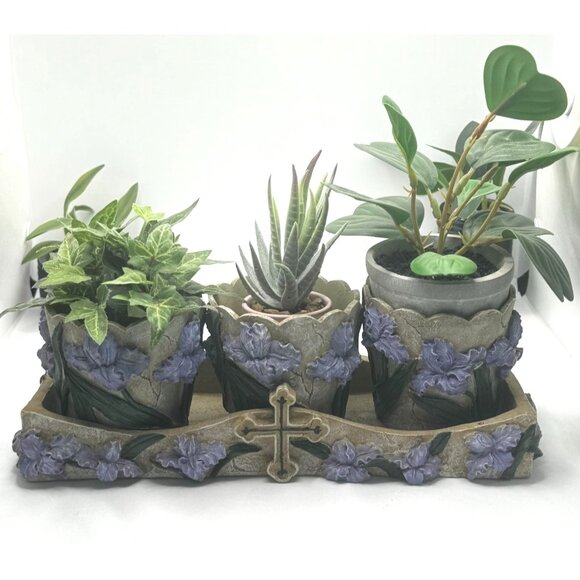Decorative Floral Resin Planter Tray With Removable Pots & Cross Design - Picture 2 of 9